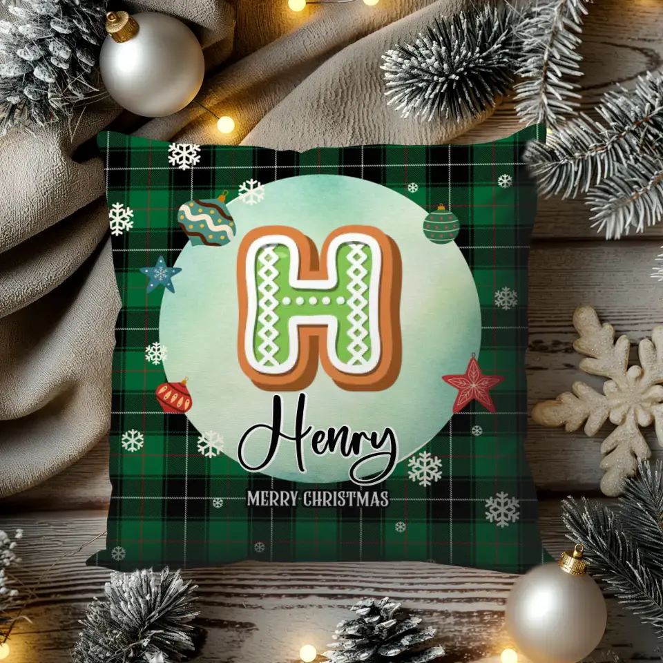 Alphabet Name Xmas With Green Plaid Pattern - Custom Name - Pillow