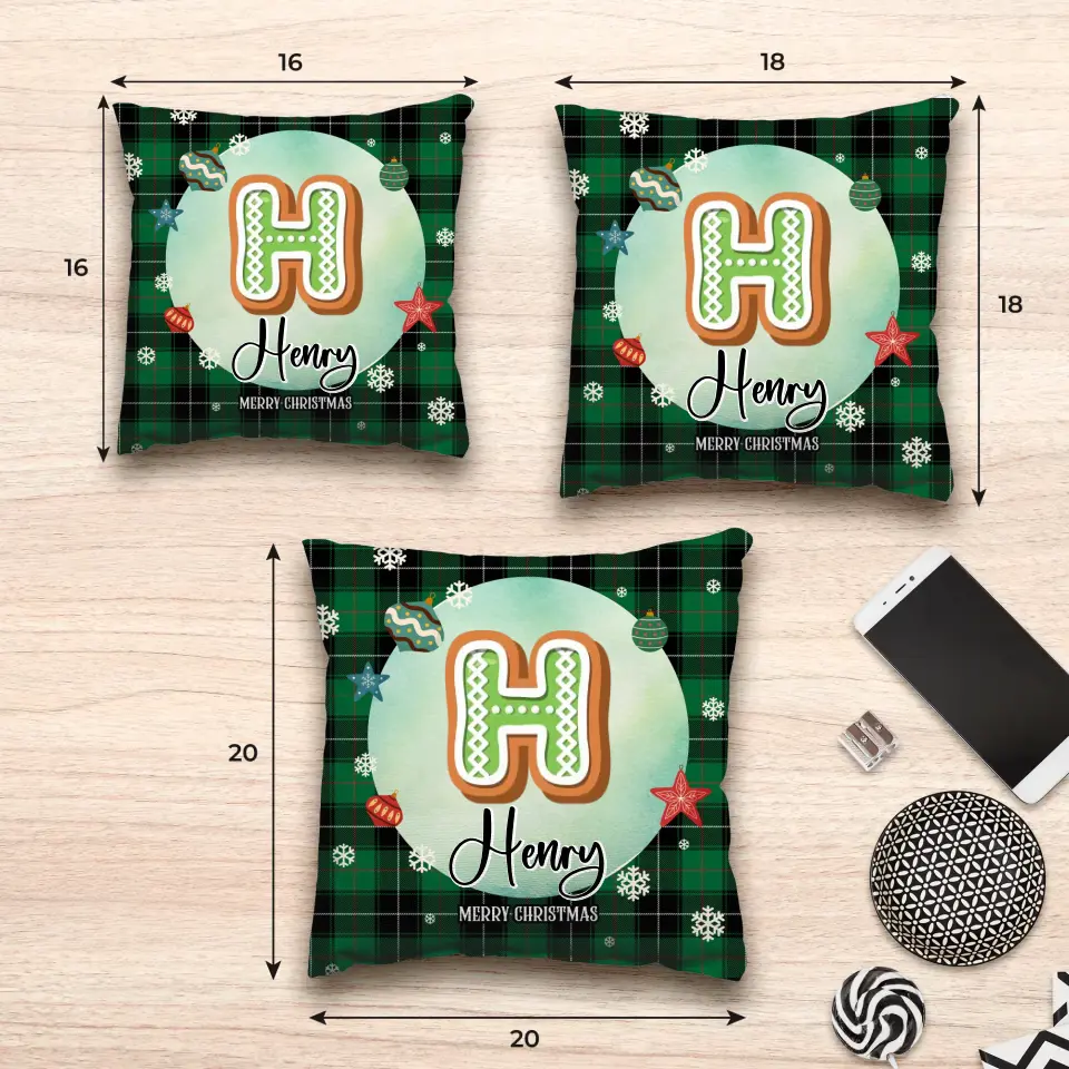 Alphabet Name Xmas With Green Plaid Pattern - Custom Name - Pillow