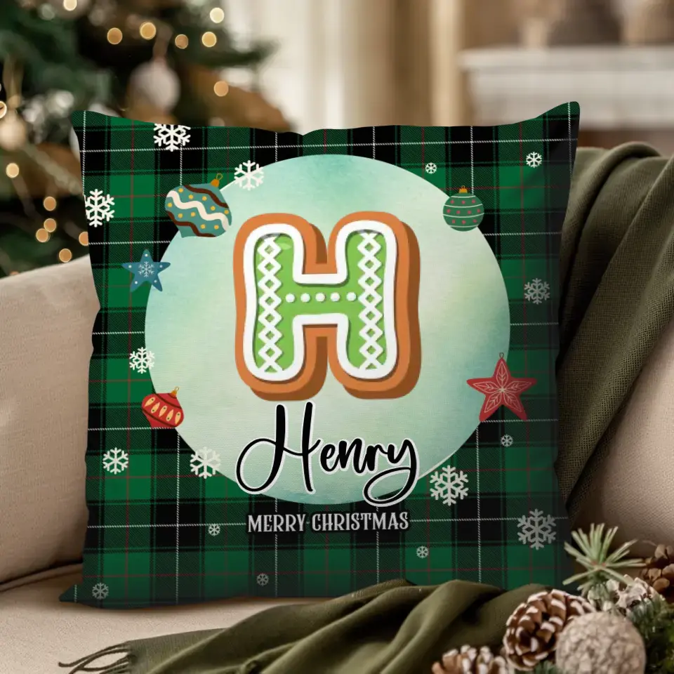 Alphabet Name Xmas With Green Plaid Pattern - Custom Name - Pillow