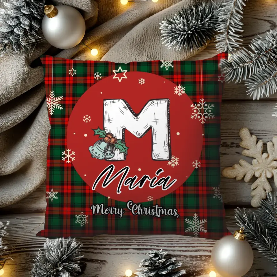 Alphabet Name Xmas With Red Plaid Pattern - Custom Name - Pillow