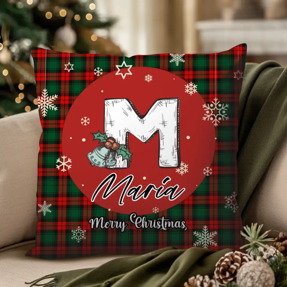 Alphabet Name Xmas With Red Plaid Pattern - Custom Name - Pillow