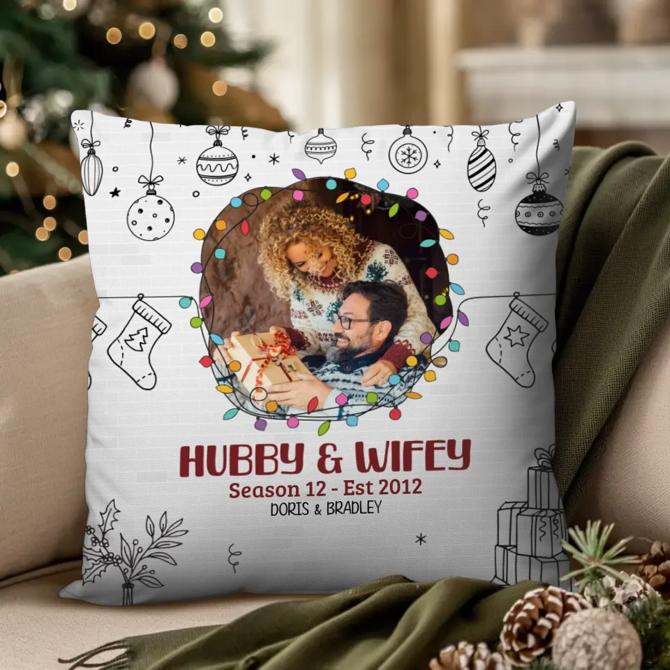 Hubby And Wifey With Christmas String Frame - Custom Photo - Personalized Gift For Couples - Pillow