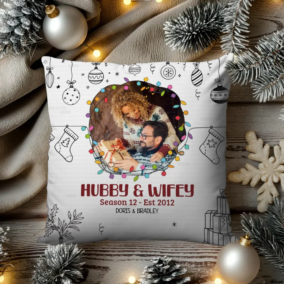 Hubby And Wifey With Christmas String Frame - Custom Photo - Personalized Gift For Couples - Pillow