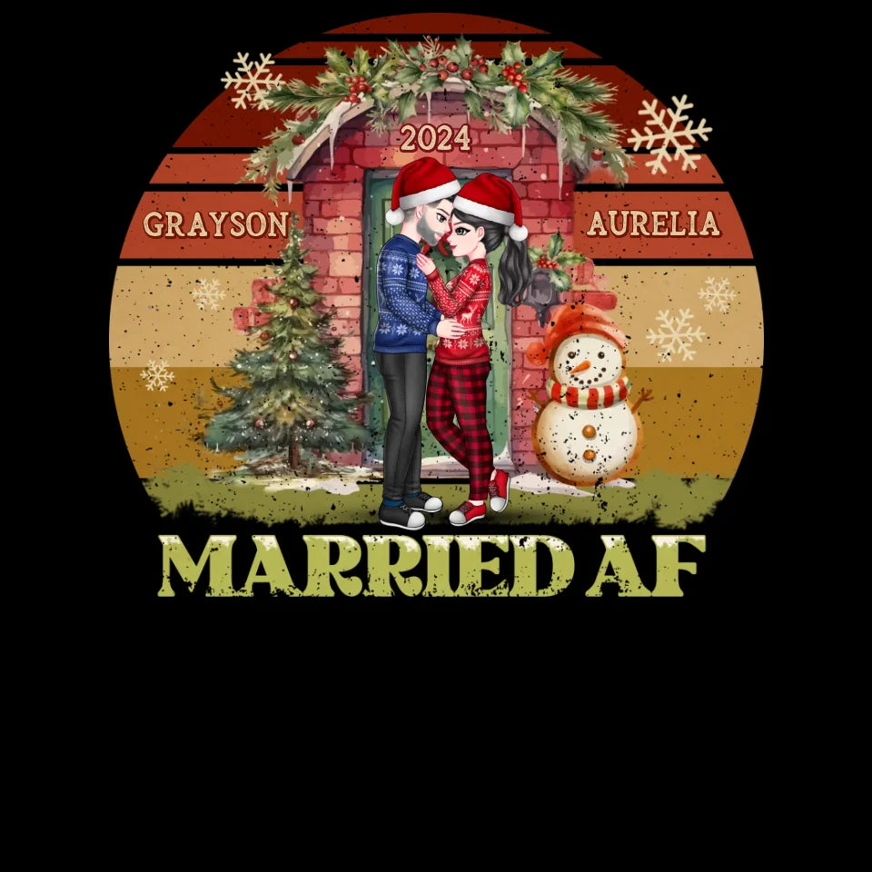 Couple Hugging In Front Of Christmas Decorated House - Custom Name - Personalized Gift For Couples - Unisex T-Shirt