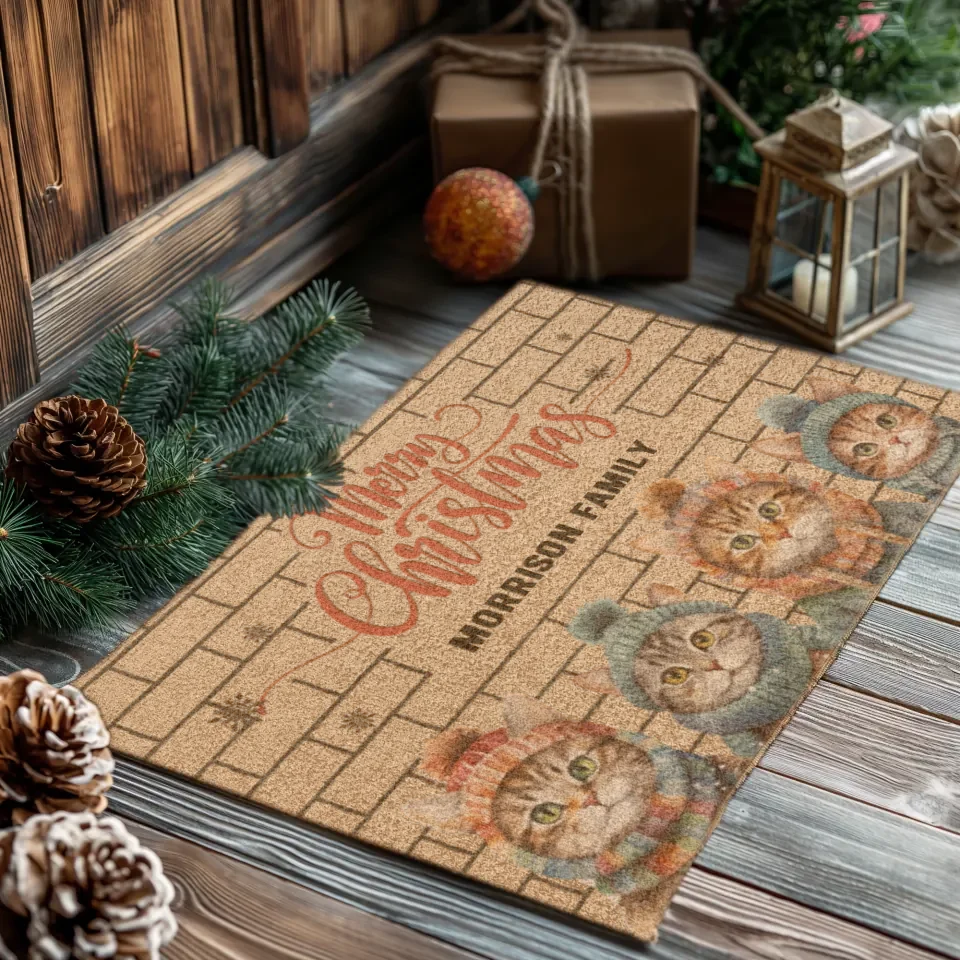 Merry Christmas With Cats - Custom Name - Doormat (24"x16'')