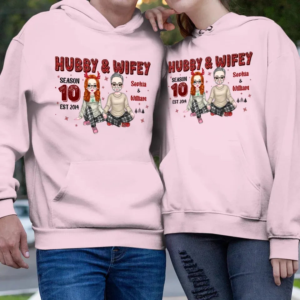 Hubby And Wifey With Christmas Plaid - Custom Name - Personalized Gift For Couples - Unisex Hoodie