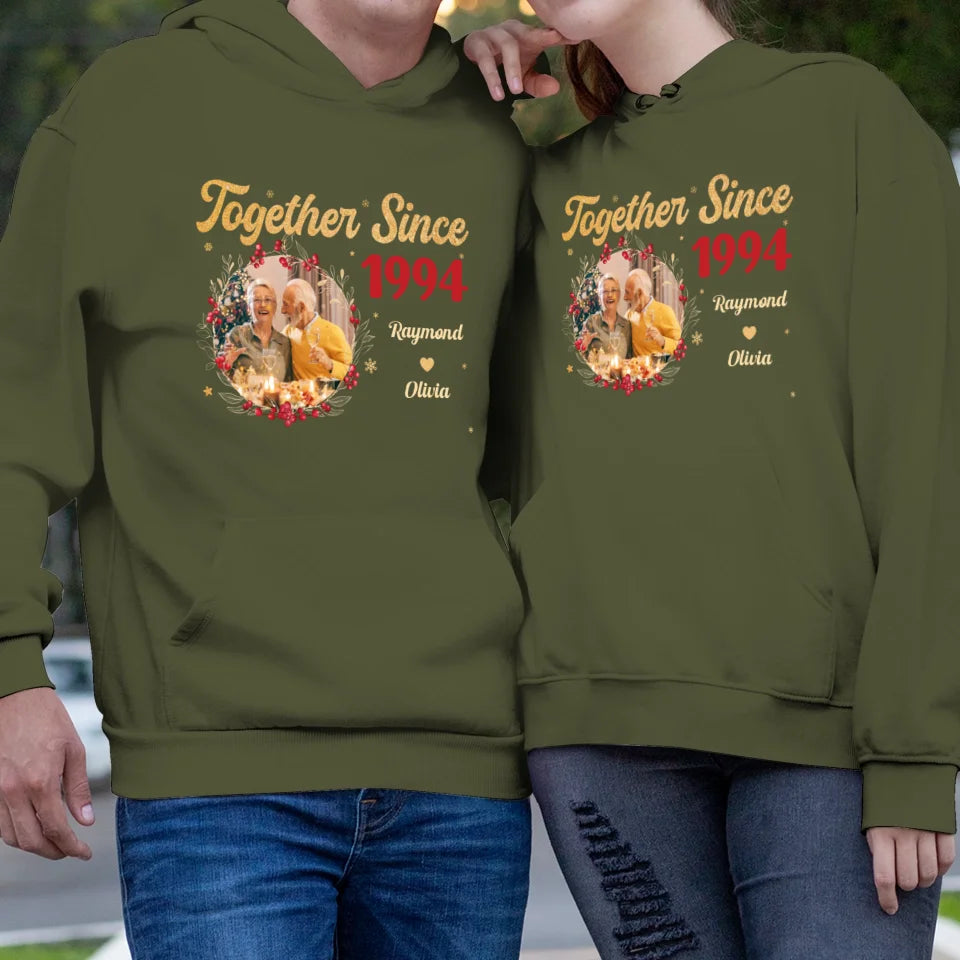 Together With Christmas Golden Wreath - Custom Photo - Personalized Gift For Couples - Unisex Hoodie