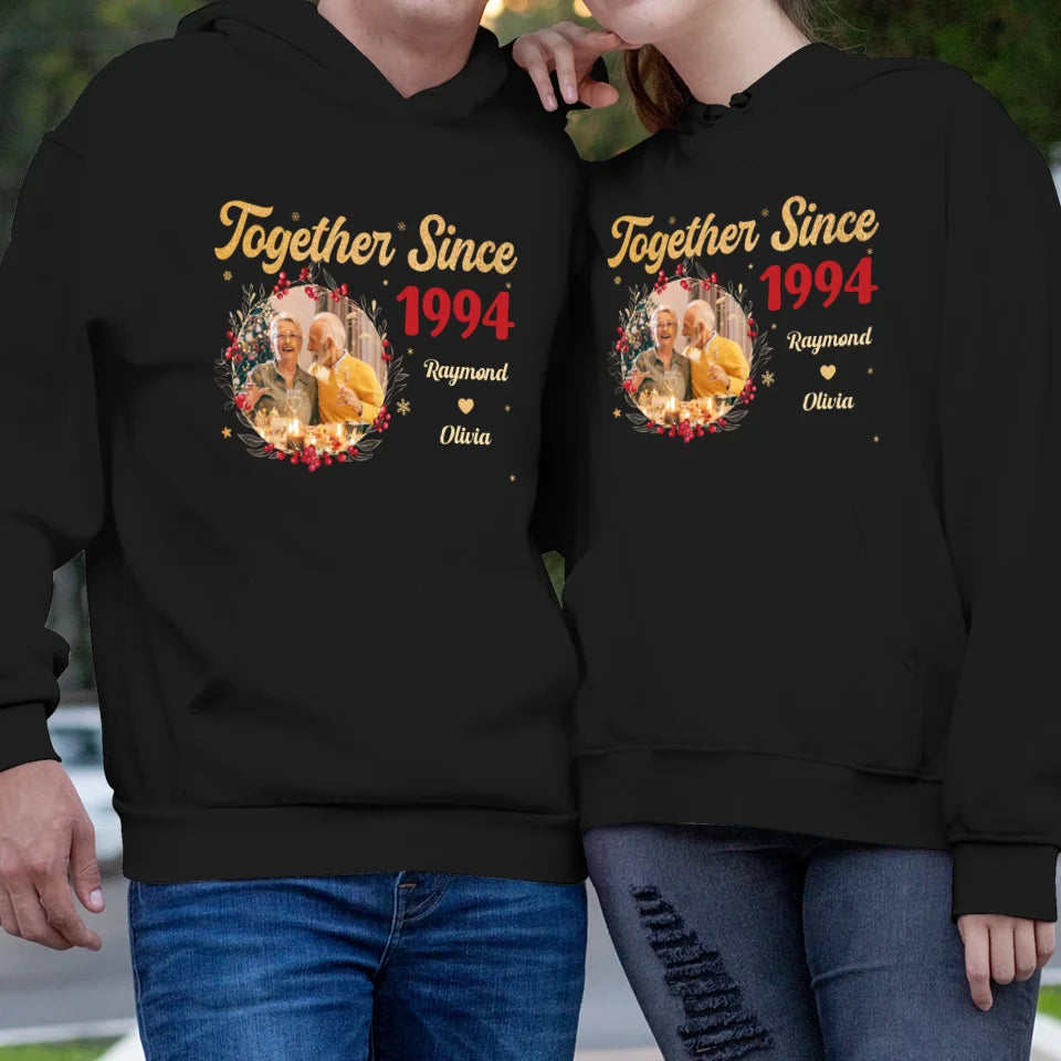 Together With Christmas Golden Wreath - Custom Photo - Personalized Gift For Couples - Unisex Hoodie