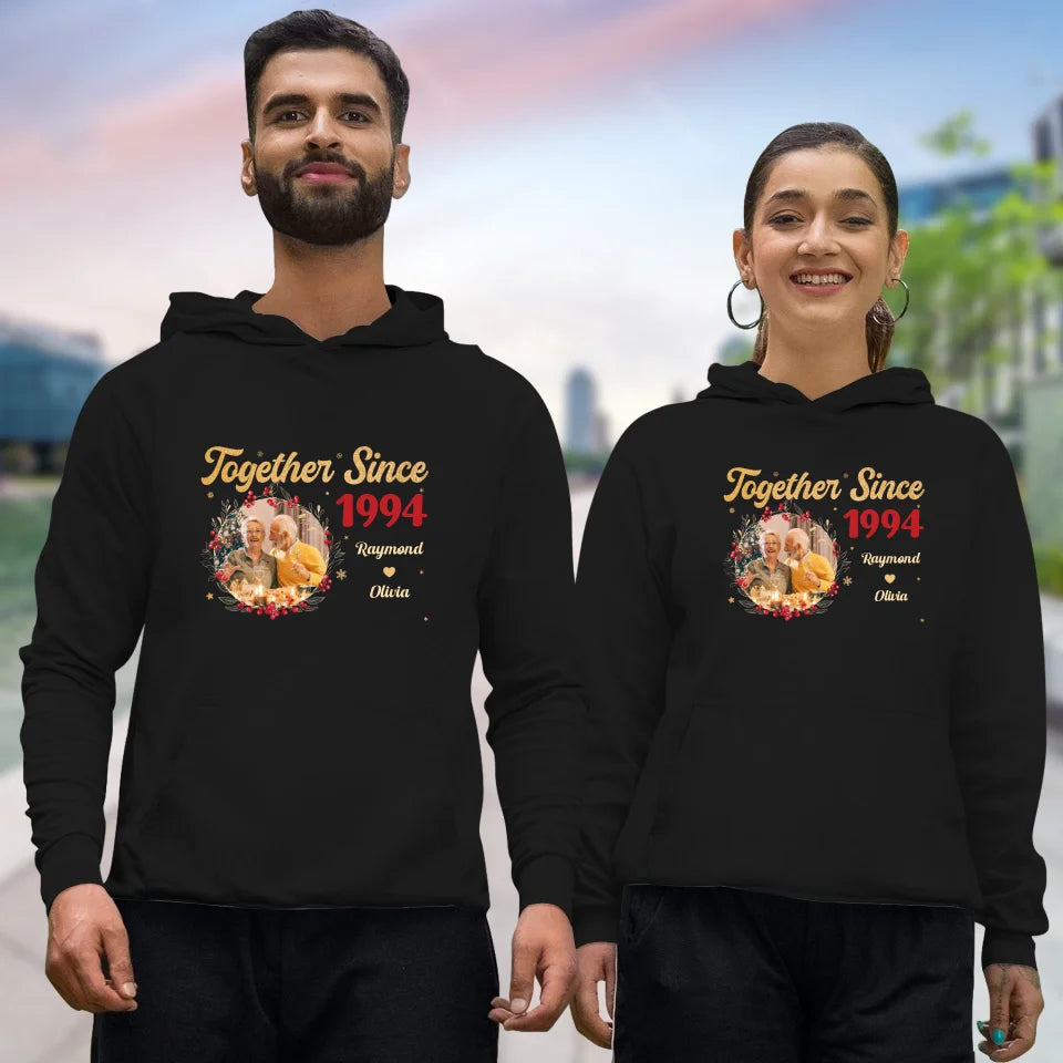 Together With Christmas Golden Wreath - Custom Photo - Personalized Gift For Couples - Unisex Hoodie