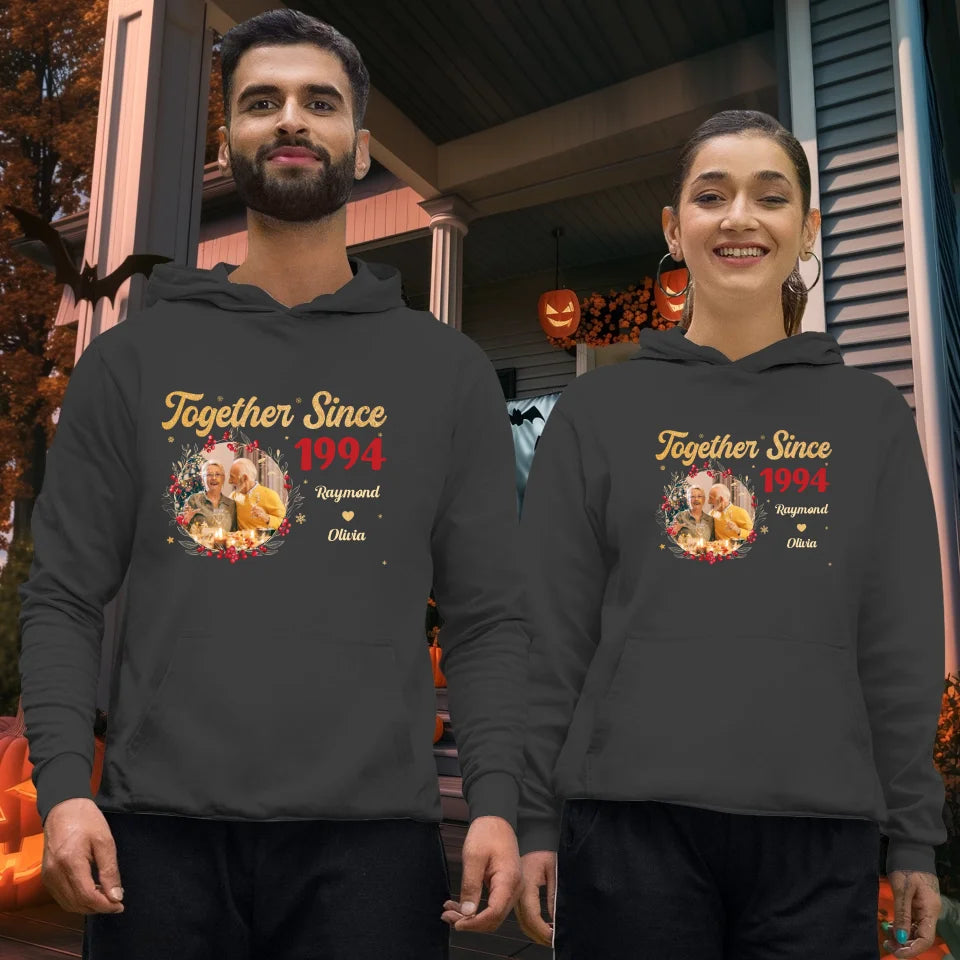 Together With Christmas Golden Wreath - Custom Photo - Personalized Gift For Couples - Unisex Hoodie