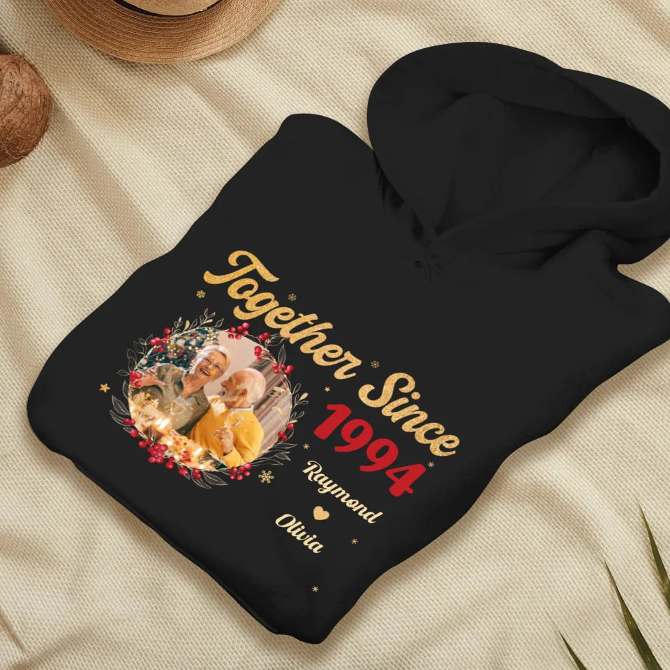 Together With Christmas Golden Wreath - Custom Photo - Personalized Gift For Couples - Unisex Hoodie