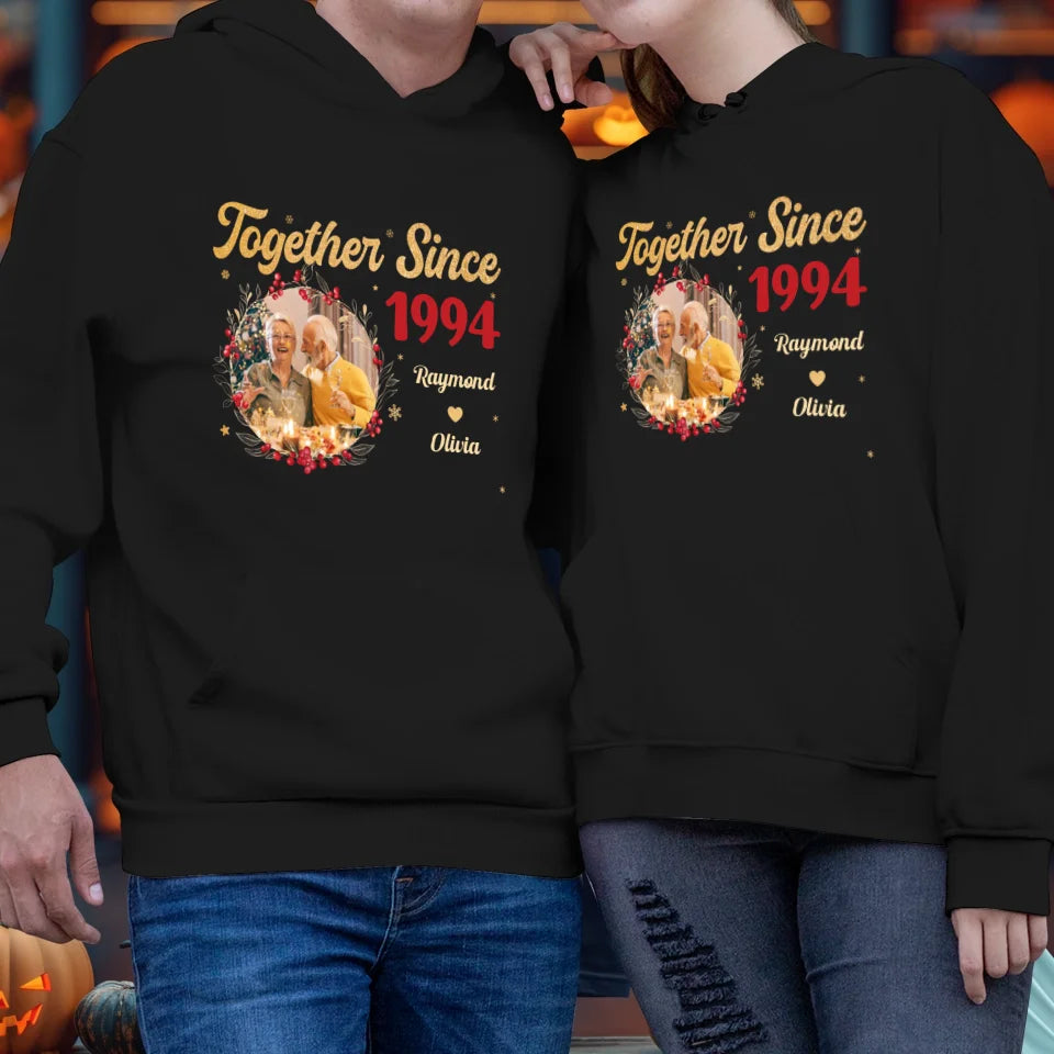 Together With Christmas Golden Wreath - Custom Photo - Personalized Gift For Couples - Unisex Hoodie