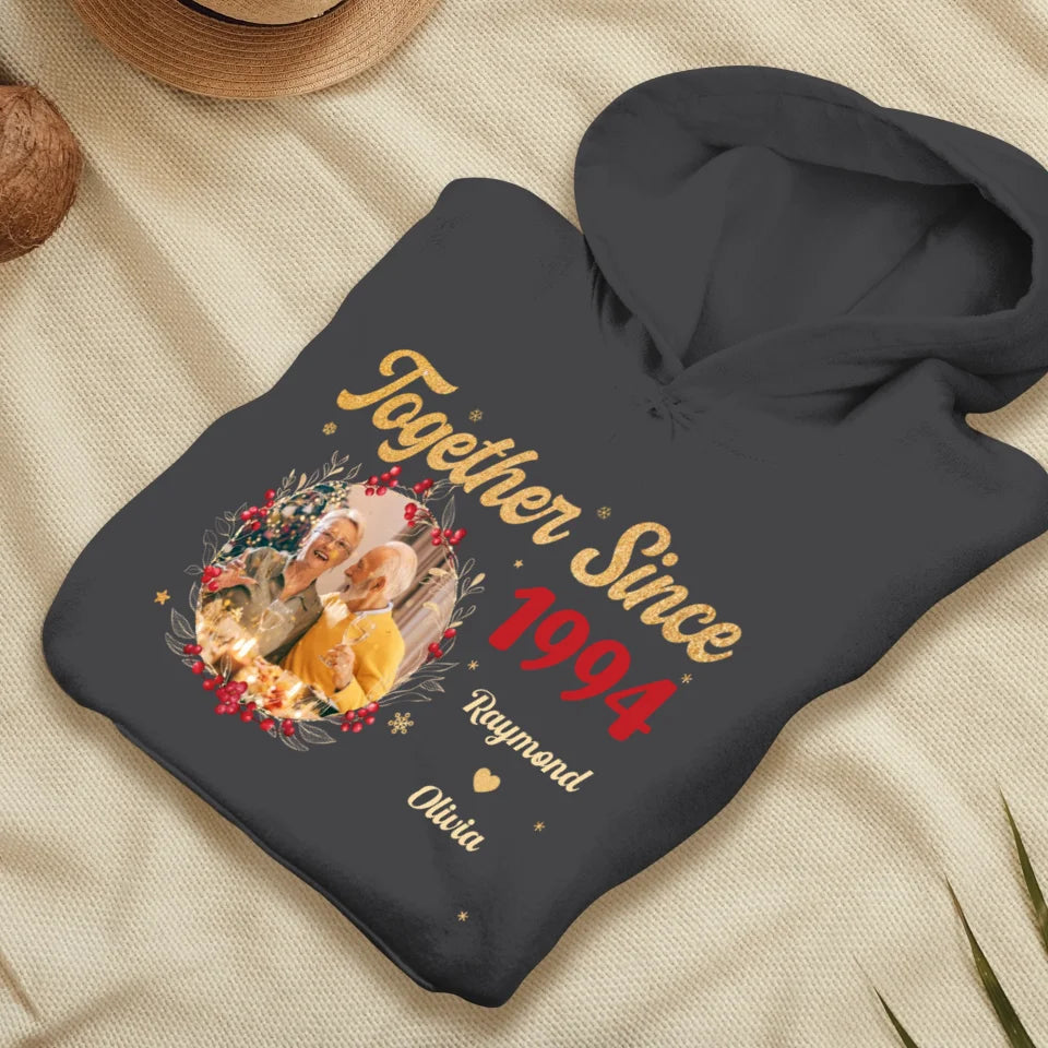 Together With Christmas Golden Wreath - Custom Photo - Personalized Gift For Couples - Unisex Hoodie