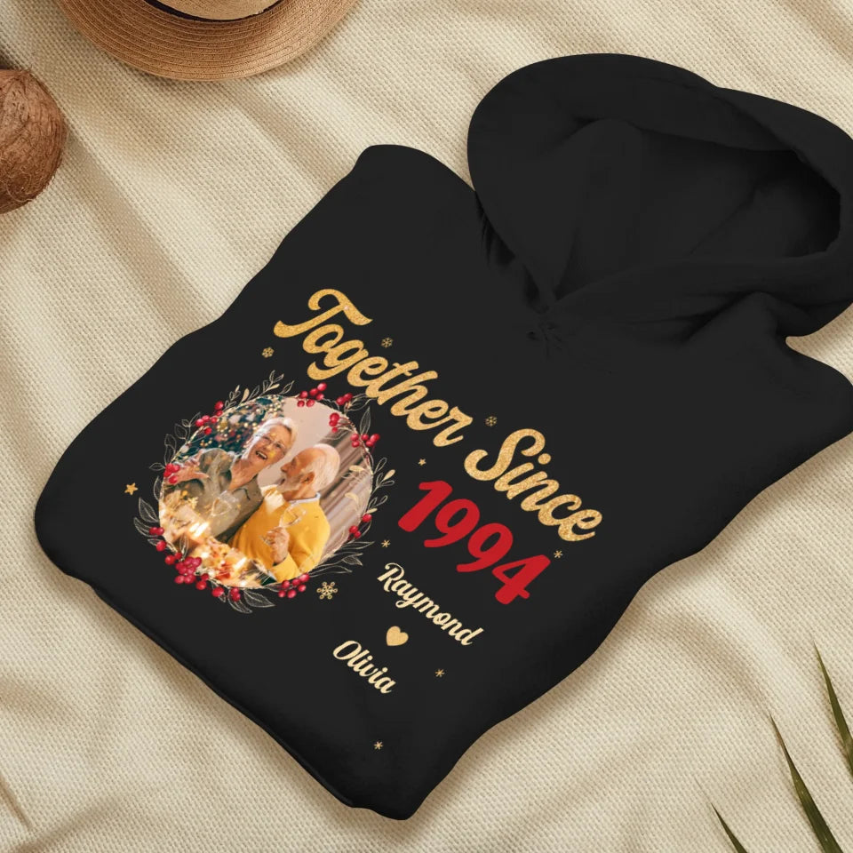 Together With Christmas Golden Wreath - Custom Photo - Personalized Gift For Couples - Unisex Hoodie