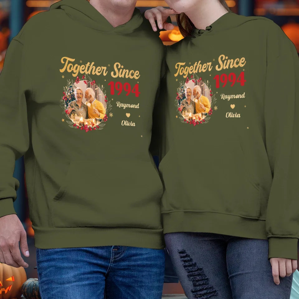 Together With Christmas Golden Wreath - Custom Photo - Personalized Gift For Couples - Unisex Hoodie