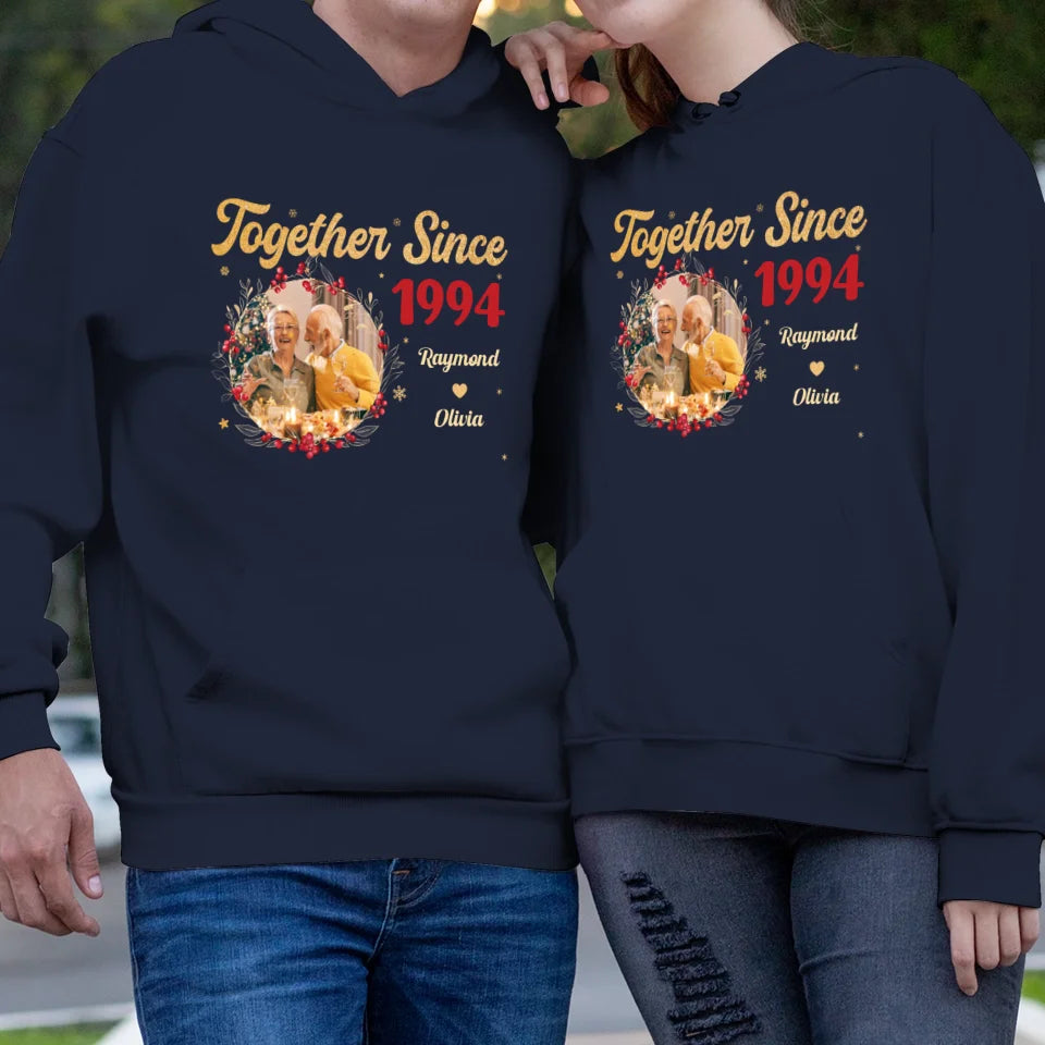 Together With Christmas Golden Wreath - Custom Photo - Personalized Gift For Couples - Unisex Hoodie