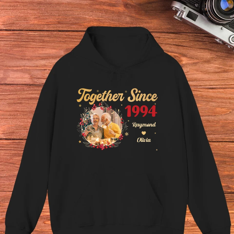 Together With Christmas Golden Wreath - Custom Photo - Personalized Gift For Couples - Unisex Hoodie