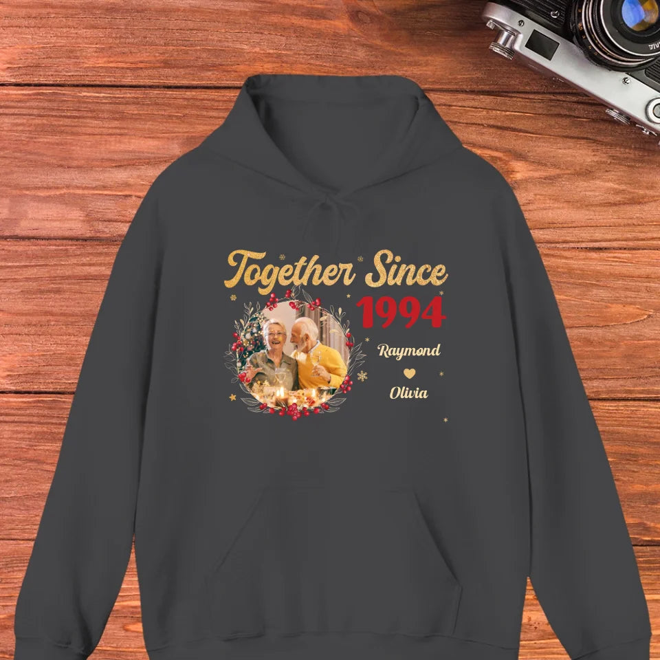 Together With Christmas Golden Wreath - Custom Photo - Personalized Gift For Couples - Unisex Hoodie