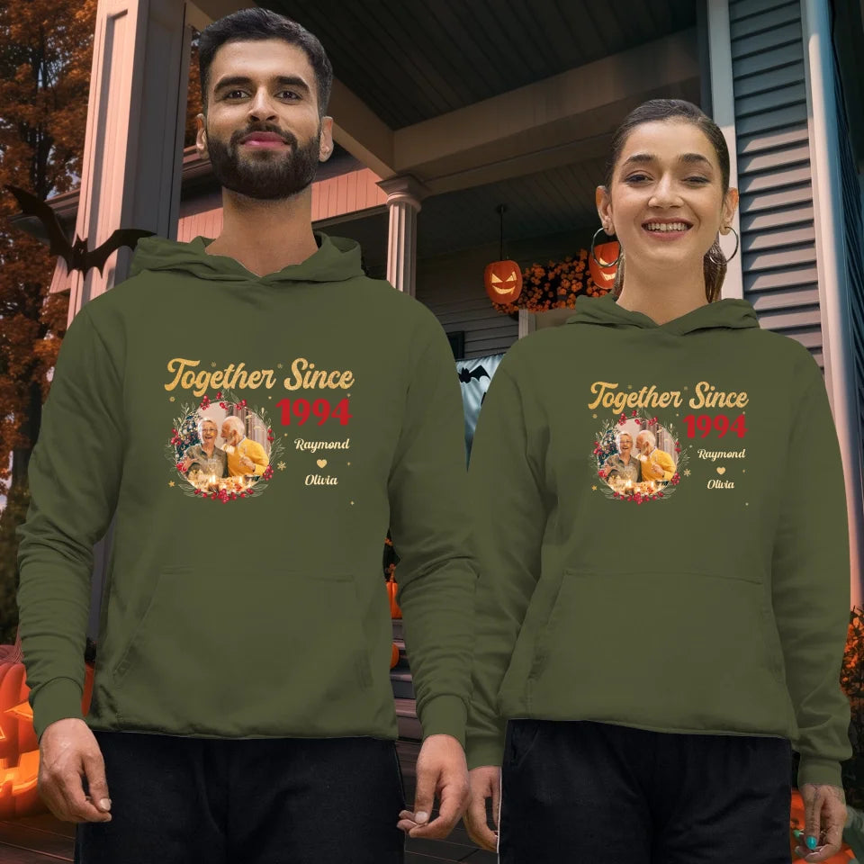 Together With Christmas Golden Wreath - Custom Photo - Personalized Gift For Couples - Unisex Hoodie