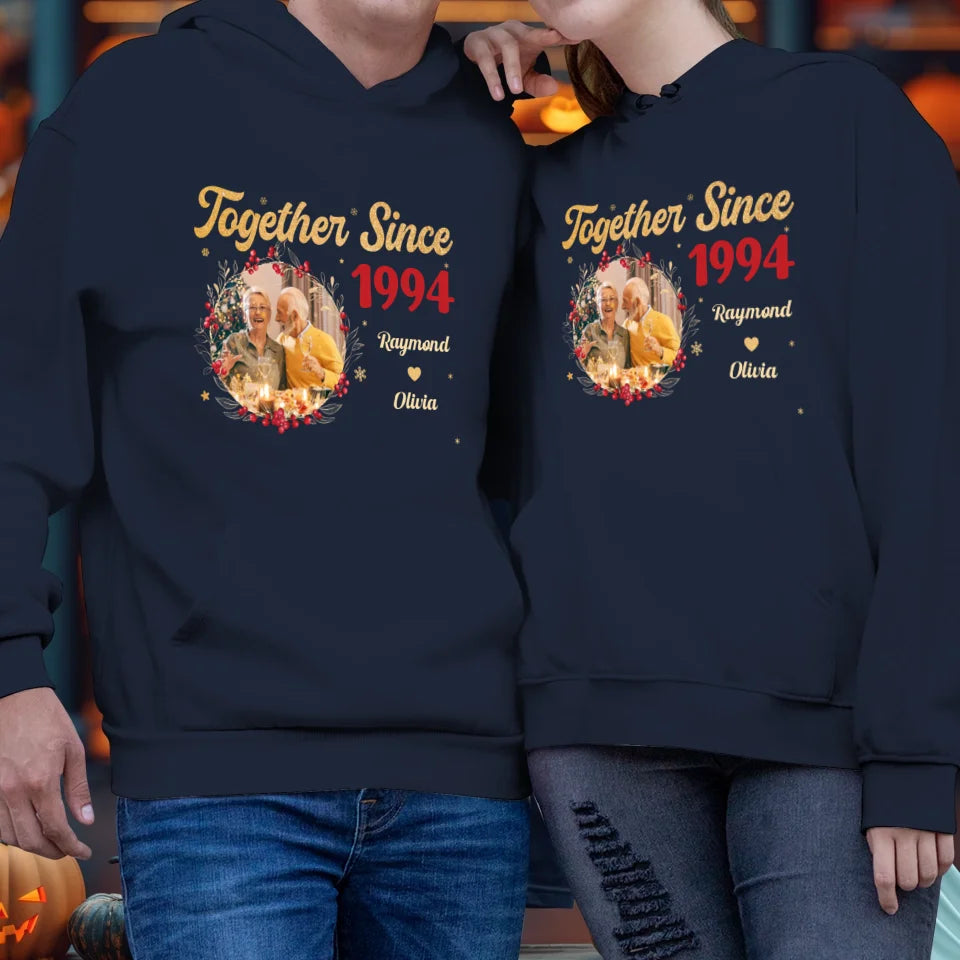 Together With Christmas Golden Wreath - Custom Photo - Personalized Gift For Couples - Unisex Hoodie