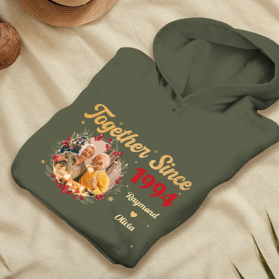 Together With Christmas Golden Wreath - Custom Photo - Personalized Gift For Couples - Unisex Hoodie