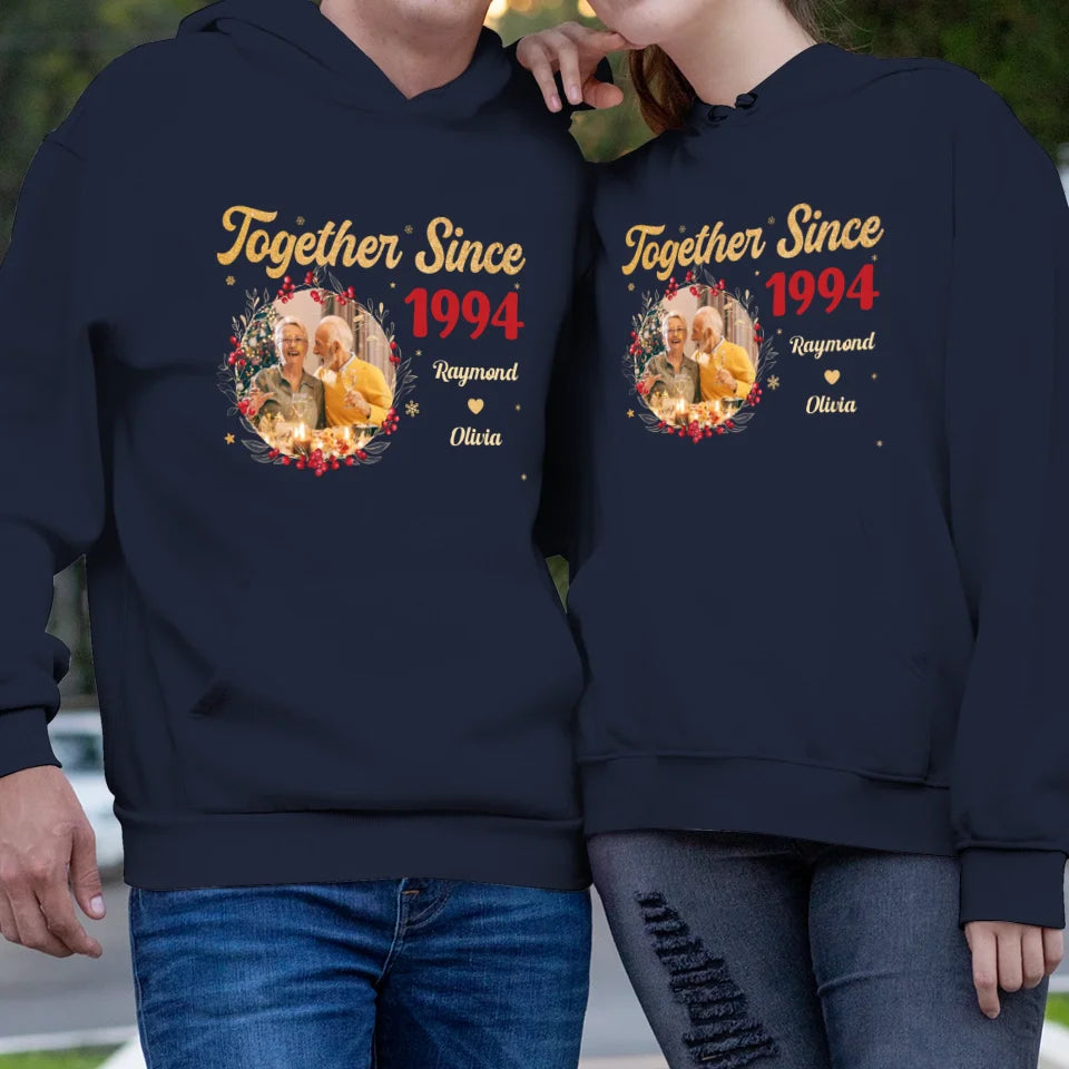 Together With Christmas Golden Wreath - Custom Photo - Personalized Gift For Couples - Unisex Hoodie