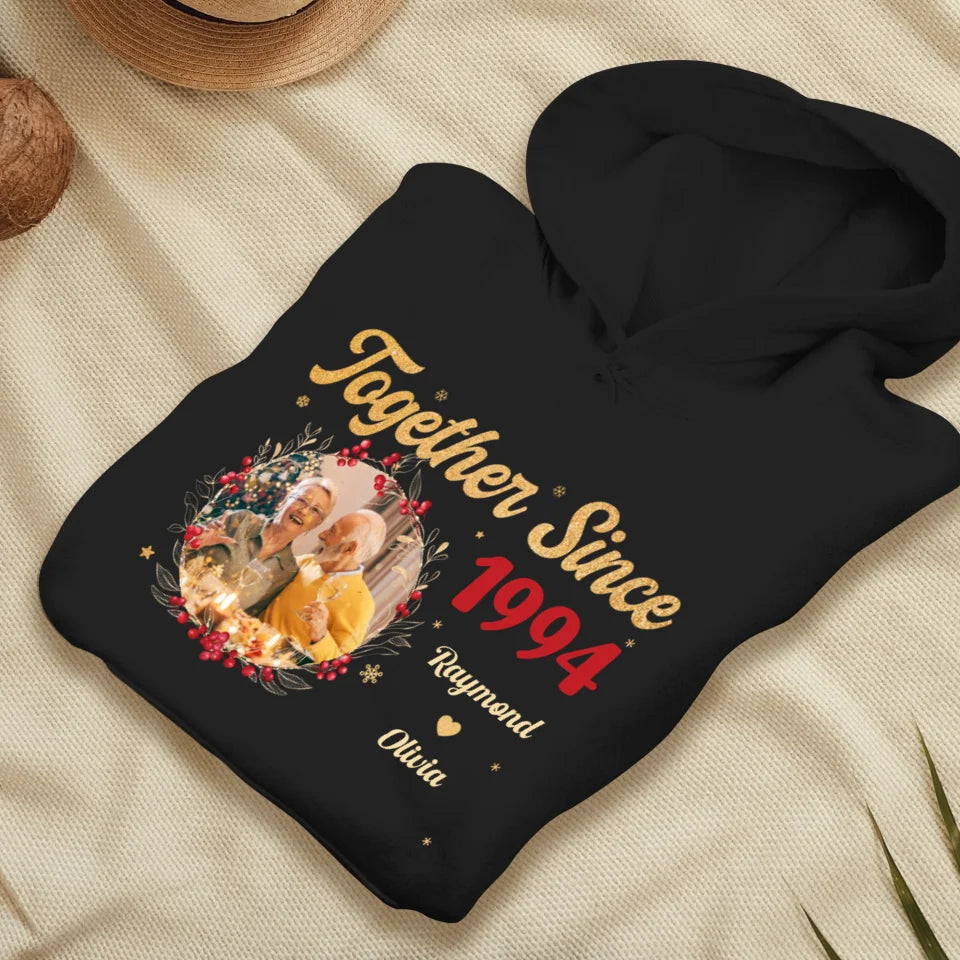 Together With Christmas Golden Wreath - Custom Photo - Personalized Gift For Couples - Unisex Hoodie