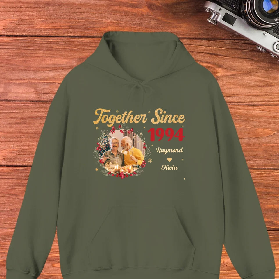 Together With Christmas Golden Wreath - Custom Photo - Personalized Gift For Couples - Unisex Hoodie