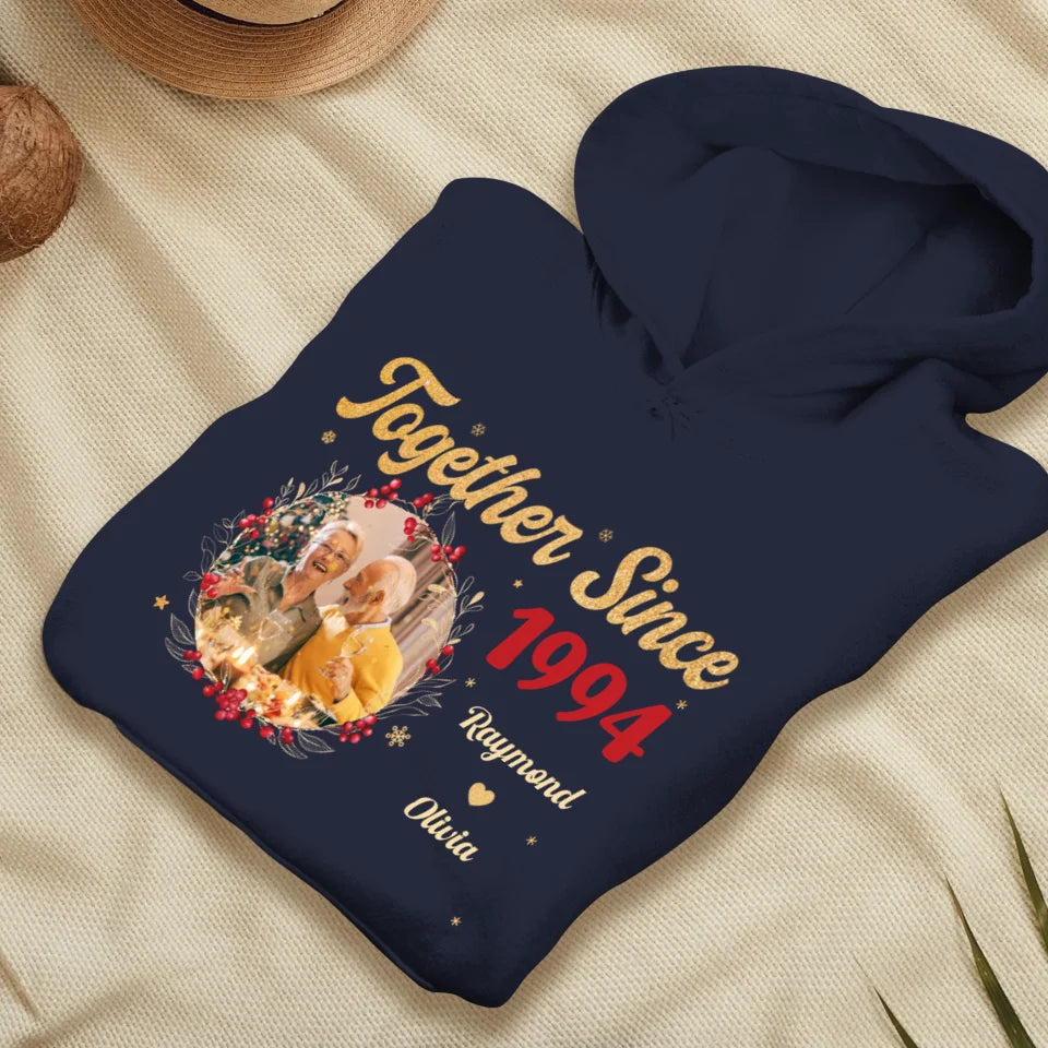 Together With Christmas Golden Wreath - Custom Photo - Personalized Gift For Couples - Unisex Hoodie