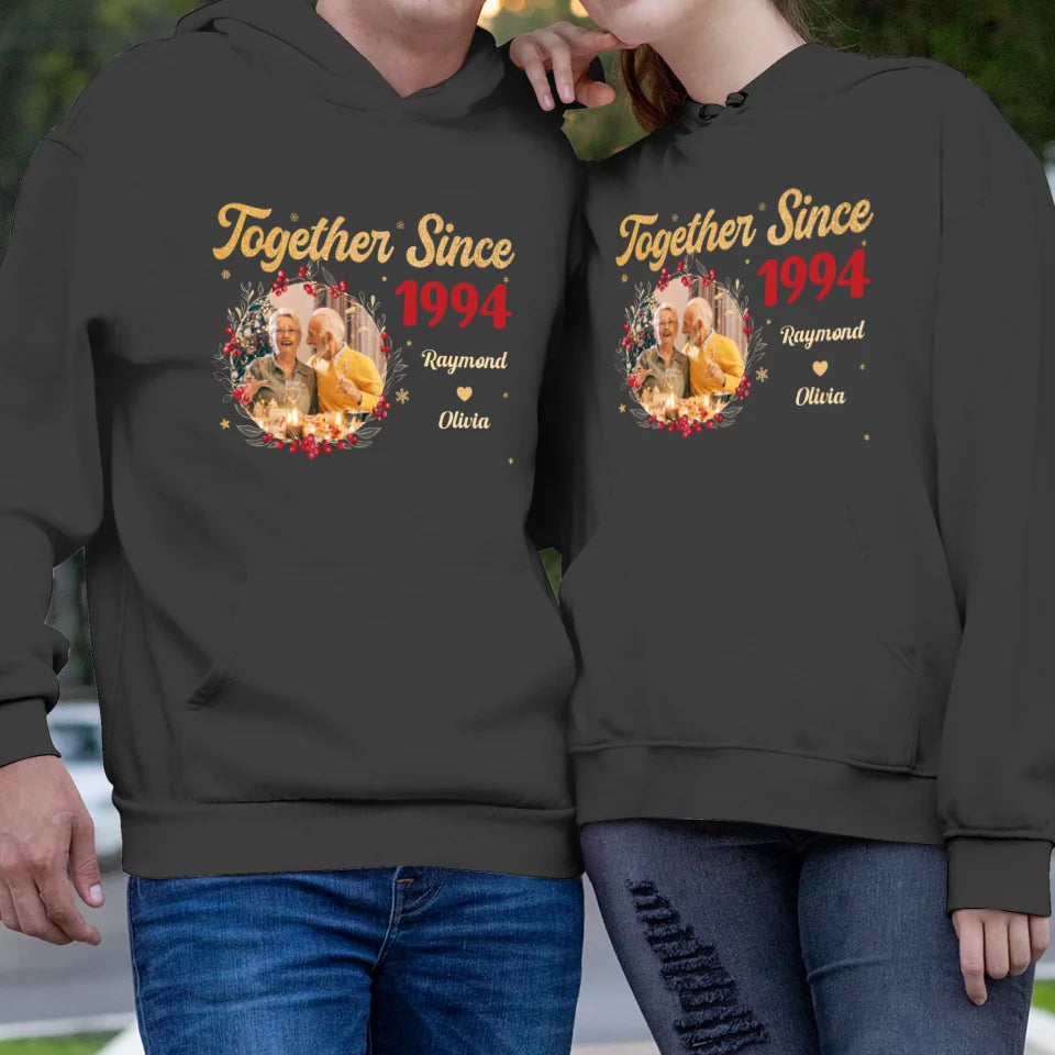 Together With Christmas Golden Wreath - Custom Photo - Personalized Gift For Couples - Unisex Hoodie