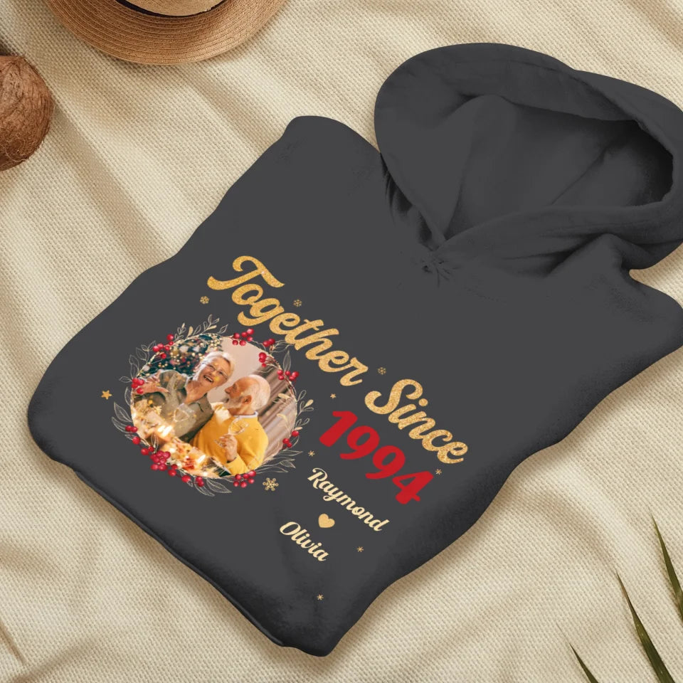 Together With Christmas Golden Wreath - Custom Photo - Personalized Gift For Couples - Unisex Hoodie