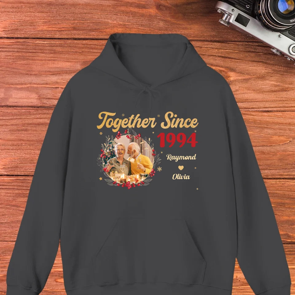 Together With Christmas Golden Wreath - Custom Photo - Personalized Gift For Couples - Unisex Hoodie