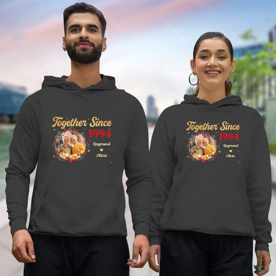 Together With Christmas Golden Wreath - Custom Photo - Personalized Gift For Couples - Unisex Hoodie