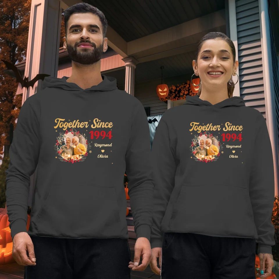 Together With Christmas Golden Wreath - Custom Photo - Personalized Gift For Couples - Unisex Hoodie