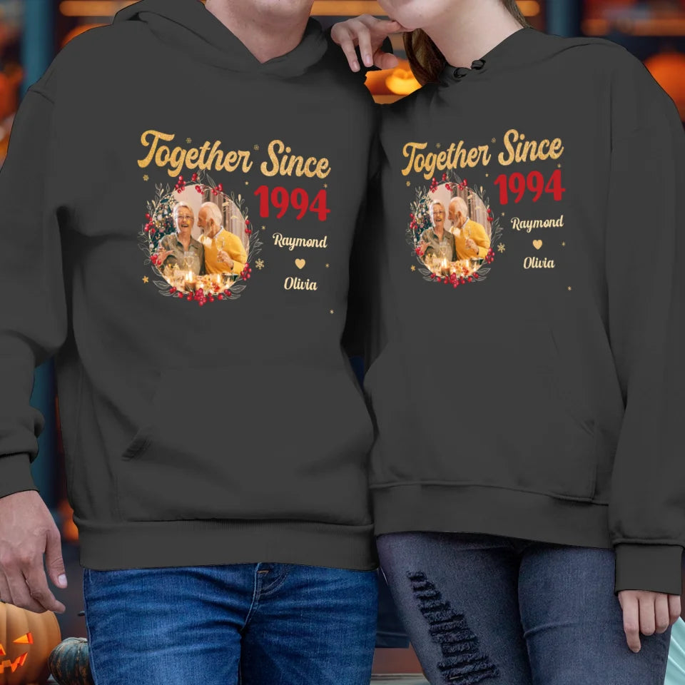 Together With Christmas Golden Wreath - Custom Photo - Personalized Gift For Couples - Unisex Hoodie