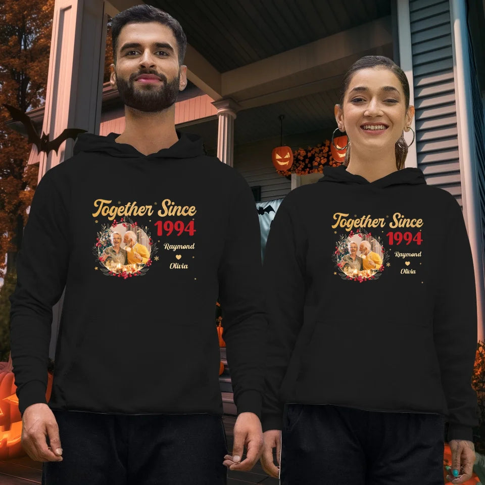 Together With Christmas Golden Wreath - Custom Photo - Personalized Gift For Couples - Unisex Hoodie