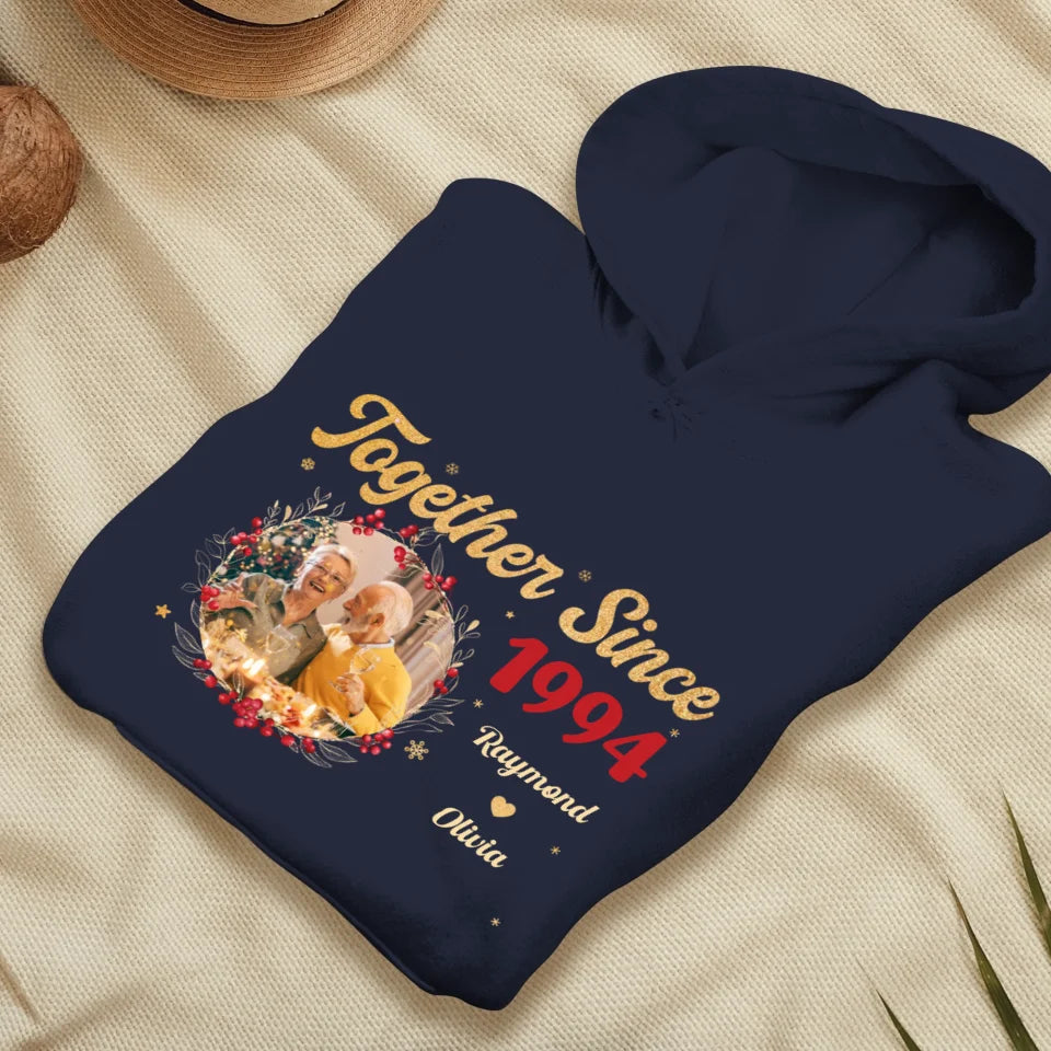 Together With Christmas Golden Wreath - Custom Photo - Personalized Gift For Couples - Unisex Hoodie