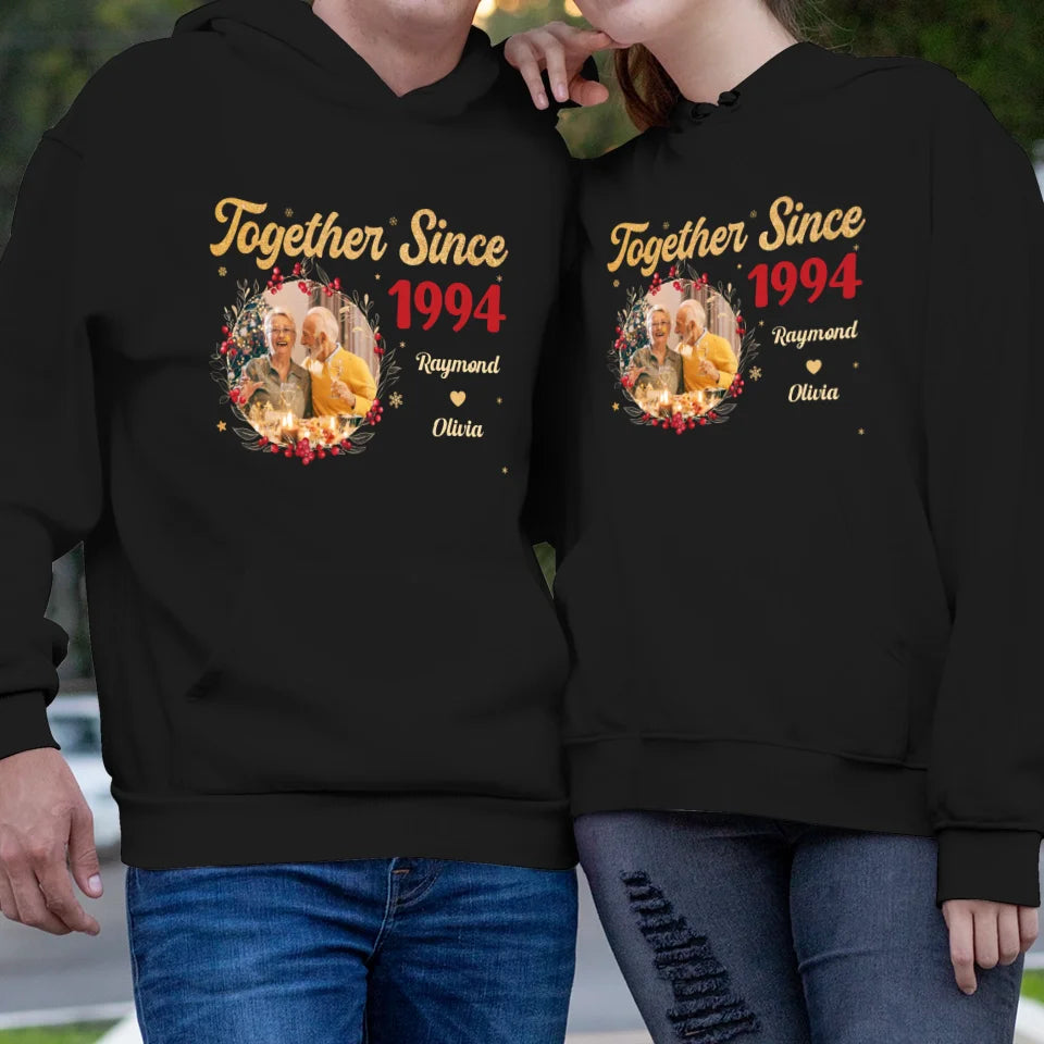 Together With Christmas Golden Wreath - Custom Photo - Personalized Gift For Couples - Unisex Hoodie