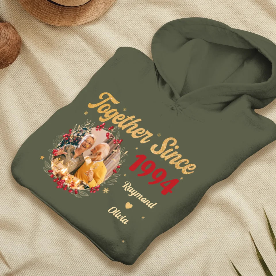 Together With Christmas Golden Wreath - Custom Photo - Personalized Gift For Couples - Unisex Hoodie