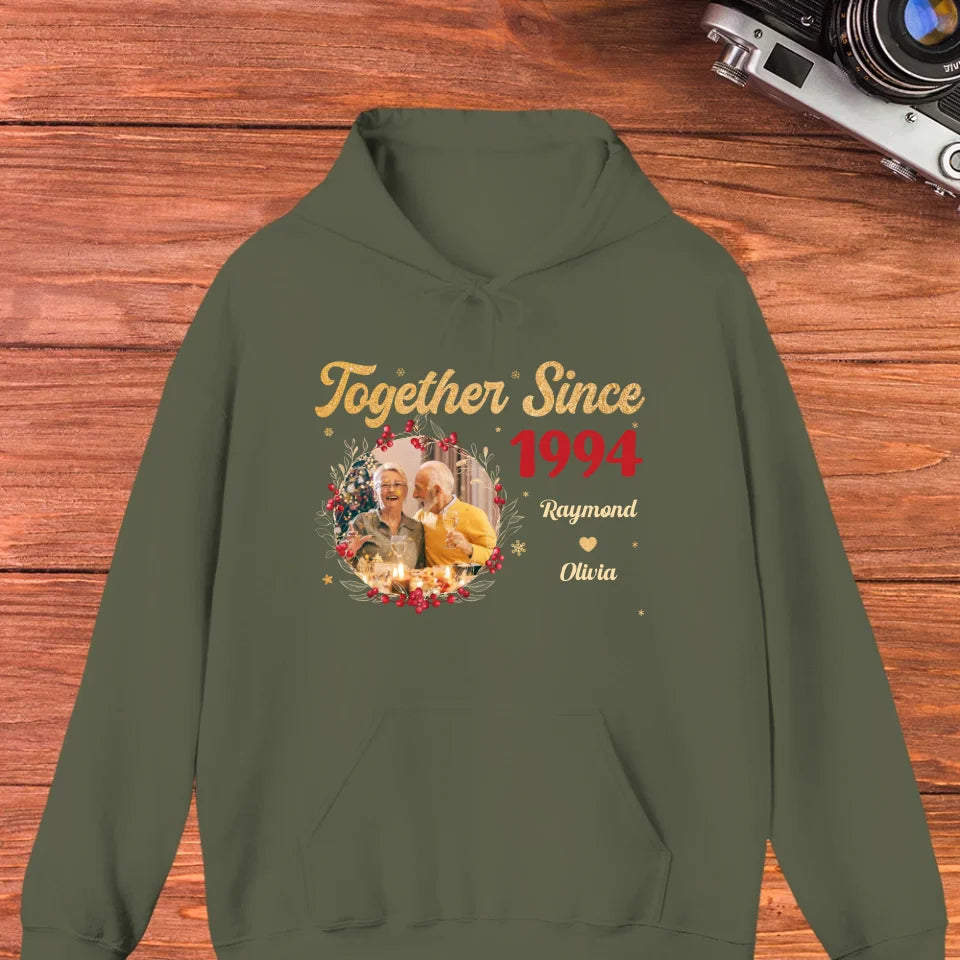 Together With Christmas Golden Wreath - Custom Photo - Personalized Gift For Couples - Unisex Hoodie