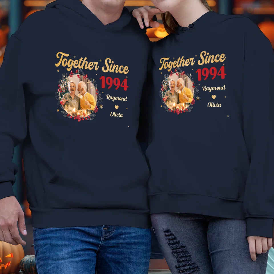 Together With Christmas Golden Wreath - Custom Photo - Personalized Gift For Couples - Unisex Hoodie