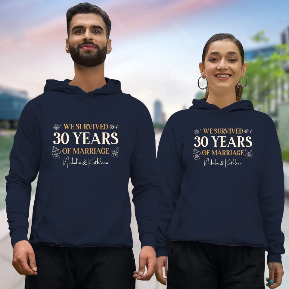 We Survived Many Years Of Marriage In Christmas Theme - Personalized Gift For Couples - Unisex Hoodie