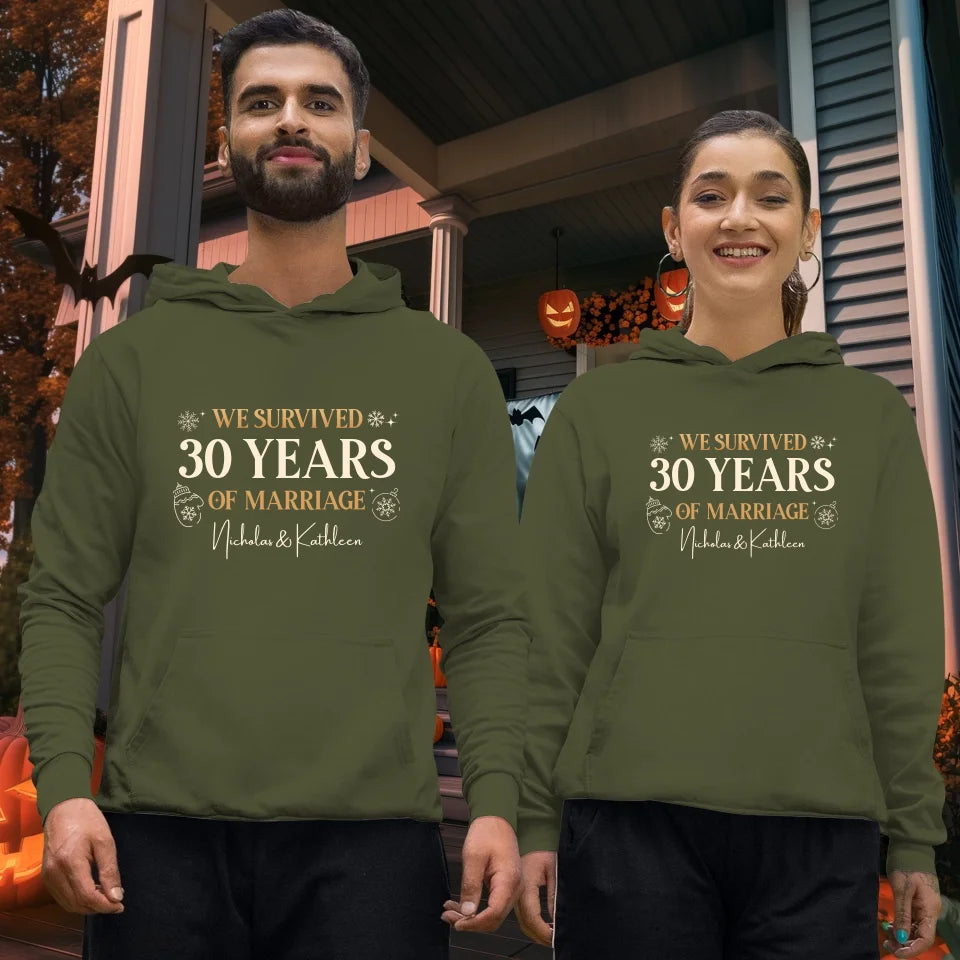 We Survived Many Years Of Marriage In Christmas Theme - Personalized Gift For Couples - Unisex Hoodie