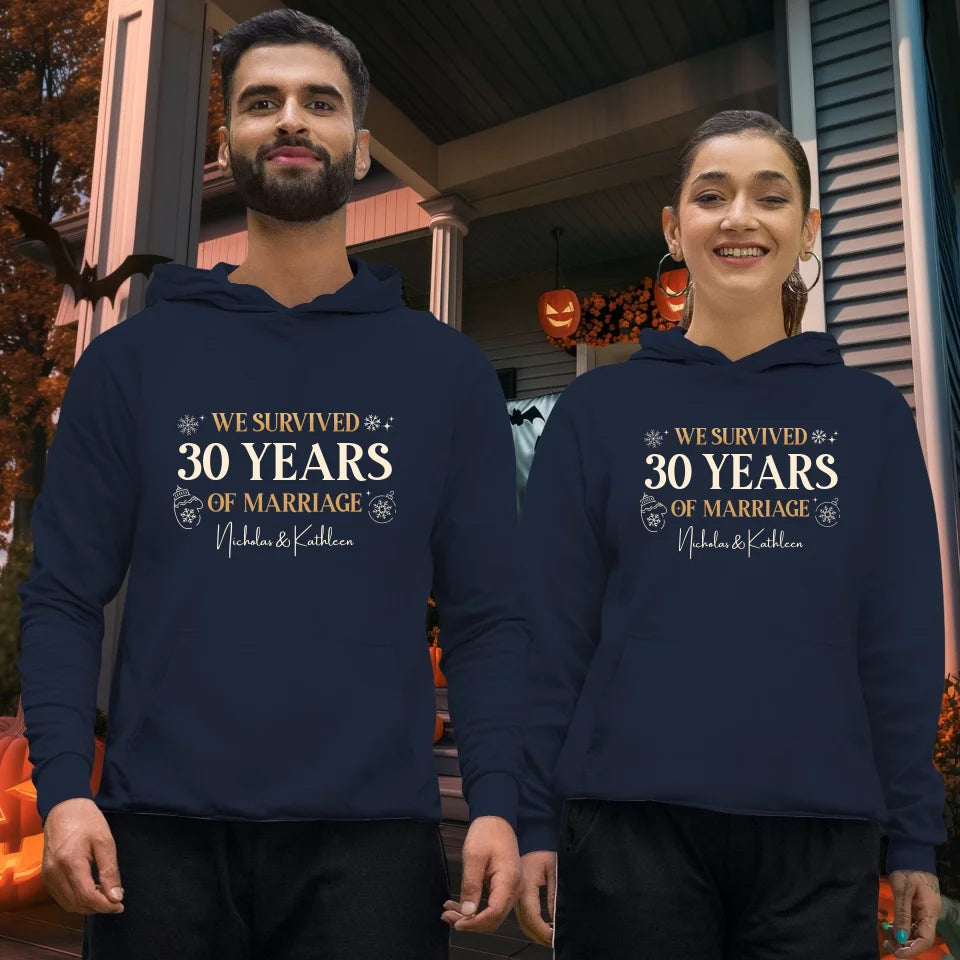 We Survived Many Years Of Marriage In Christmas Theme - Personalized Gift For Couples - Unisex Hoodie