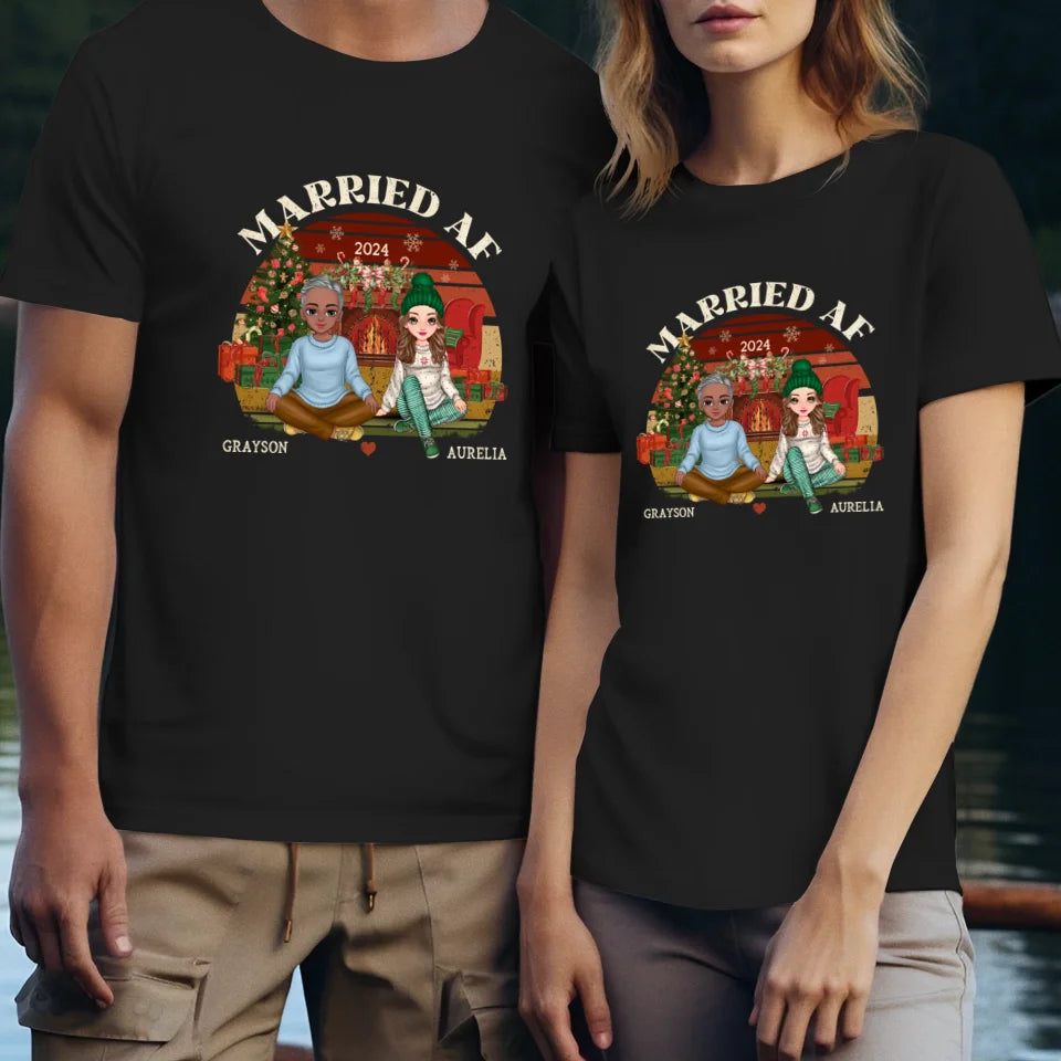 Married Af Couple Sitting Together By The Christmas Fireplace - Custom Name - Personalized Gift For Couples - Unisex T-Shirt