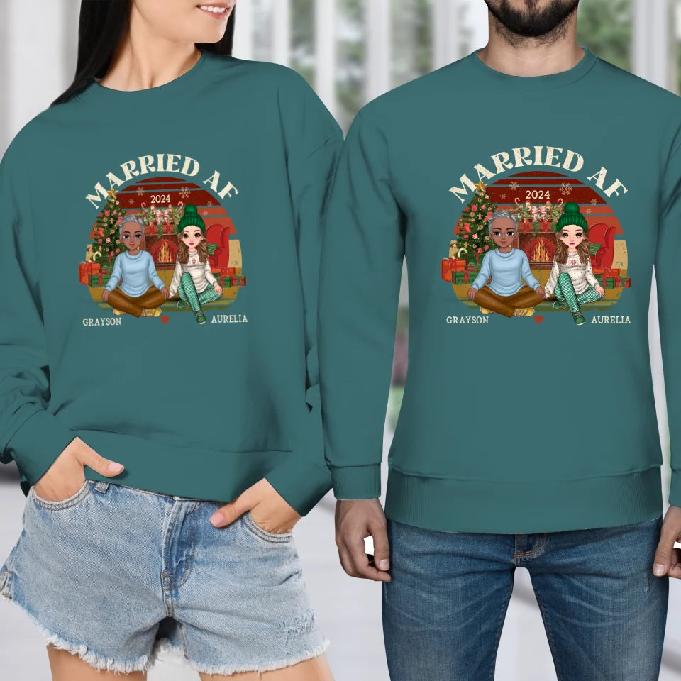 Married Af Couple Sitting Together By The Christmas Fireplace - Custom Name - Personalized Gift For Couples - Unisex Sweater