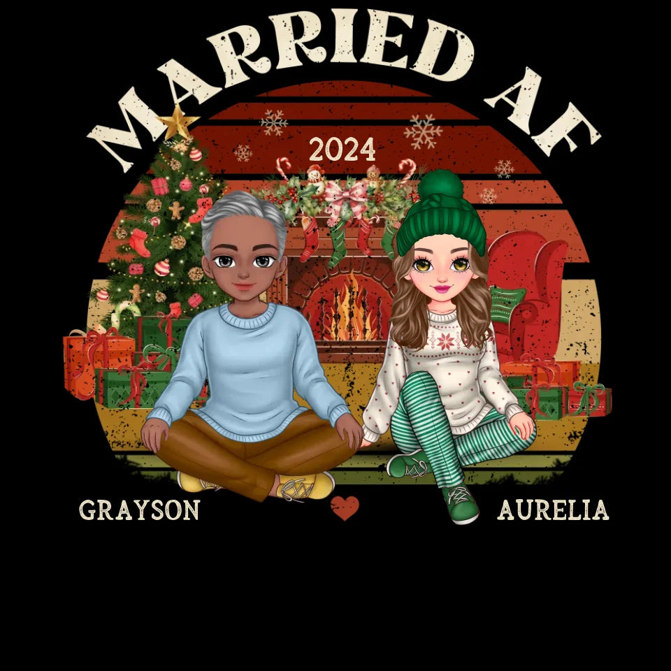 Married Af Couple Sitting Together By The Christmas Fireplace - Custom Name - Personalized Gift For Couples - Unisex Sweater