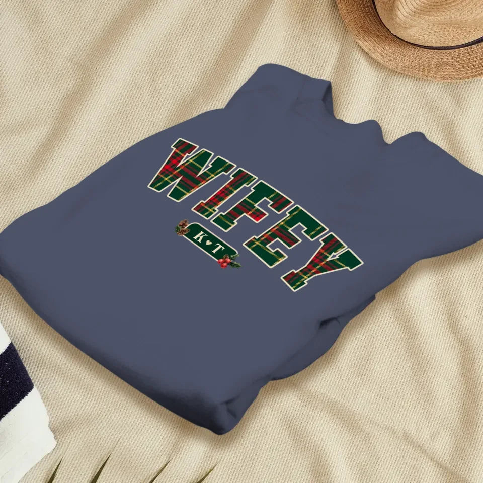 Wifey Plaid - Custom Name - Personalized Gift For Couples - Unisex Sweater