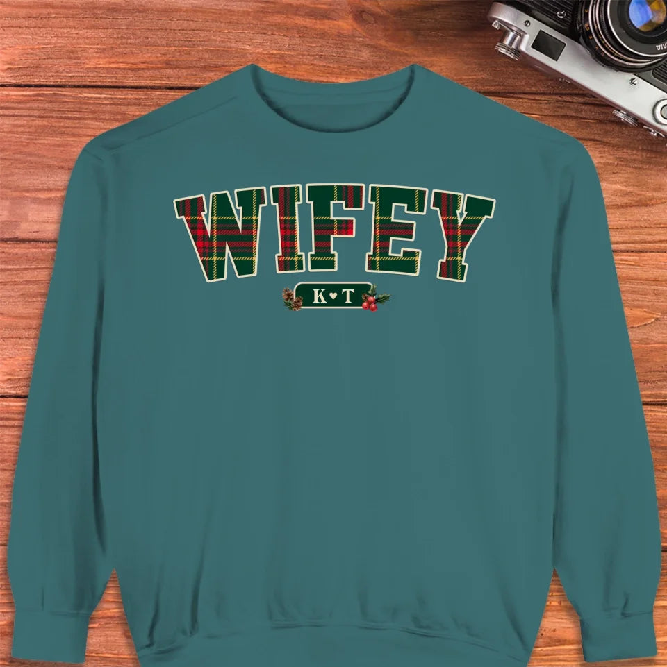 Wifey Plaid - Custom Name - Personalized Gift For Couples - Unisex Sweater