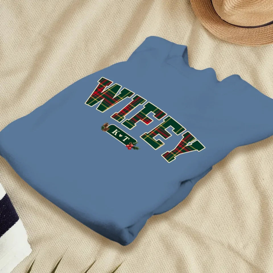 Wifey Plaid - Custom Name - Personalized Gift For Couples - Unisex Sweater